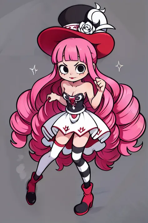 Perona, 1girl, pink hair, black eyes, blunt bangs, drill hair, red lipstick, long pink hair, curly hair, blunt bangs, red lipstick, black top hat with white roses, black and white strapless dress, frilly dress, (white and black striped stockings), red boot...