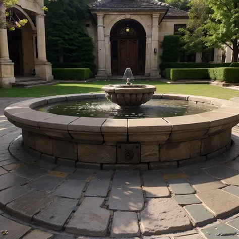 A cobblestone walkway next to a burbling fountain, flowers.