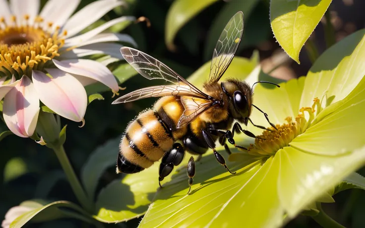 A bee collecting nectar from a flower, e cima dela chove gotas vermelhas, On the right side of the photo there is a vial of poison spilling on the ground