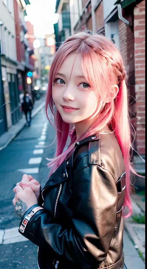 (masutepiece), cute little, (sixteen years old:1.4), Solo, 1 woman, (Charming punk girl), Blue eyes,faces、(A smile:1.5),Playing guitar, (Front face),  (Leather jackets and tattoos), (Band T-shirt), (Ripped jeans), ((Urban alley background)), (up close shot...