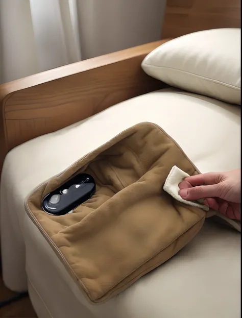 Someone is cleaning a phone with a cloth on white fur, plush leather pad, designed for cozy aesthetics!, Plush leather padded, Fog bag blanket, Product photo, Fluid bags, soft pads, full product shot, High quality detail, thick lining, detailed with high q...