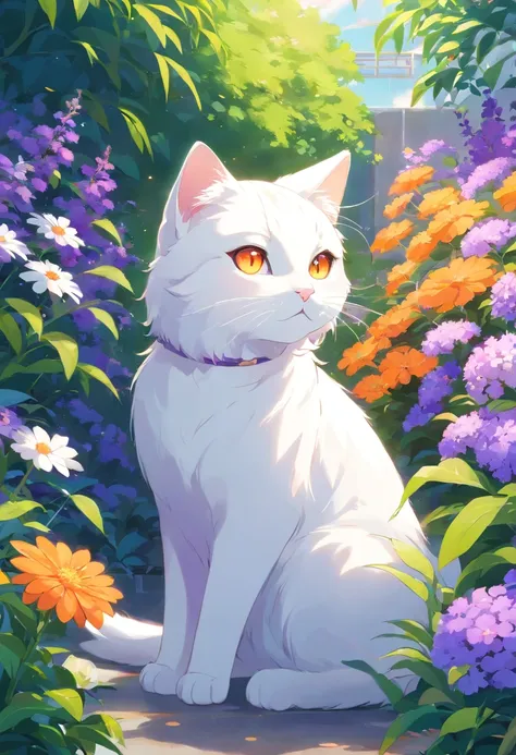 White cat，Big orange eyes，Long hairs，Sea of purple flowers，trpical garden