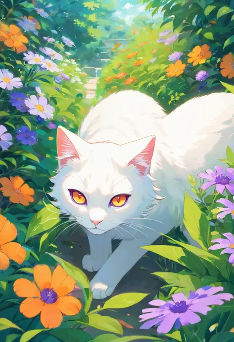 White cat，Big orange eyes，Long hairs，Sea of purple flowers，trpical garden