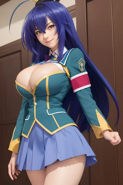 top-quality, 8K, ultra-detailliert, Photorealsitic, Portrait, 1girl in, Kurokami Medaka, Red Eyes, Blue-violet hair, Long hair, Ahoge, large udder, green school Uniform, cleavage cutout, Clothes Cutout, Pleated skirt, crass room, Smile, Cool pose, Armbands...