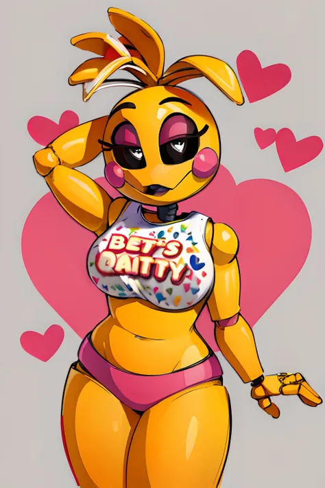 (best quality:1.2,masterpiece),ToyChica,1girl,solo,blush stickers,pink panties,underwear,breasts,crop top,heart,colored skin,shirt,yellow skin,nsfw