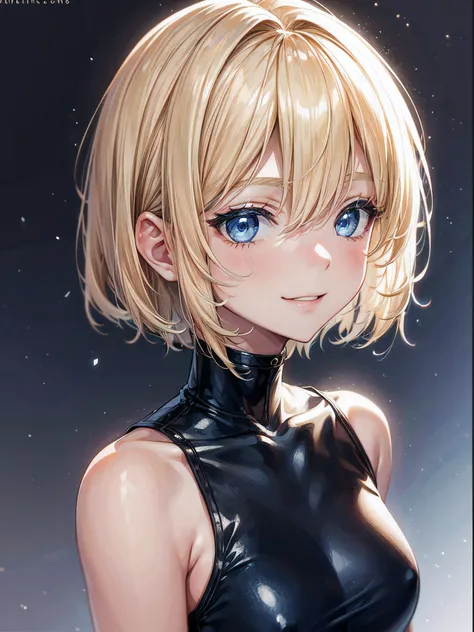 gotic girl, blond and short hair, front view, white empty environment, blue eyes, smile, black short translucent clothes, sexy, top up view, focus on face