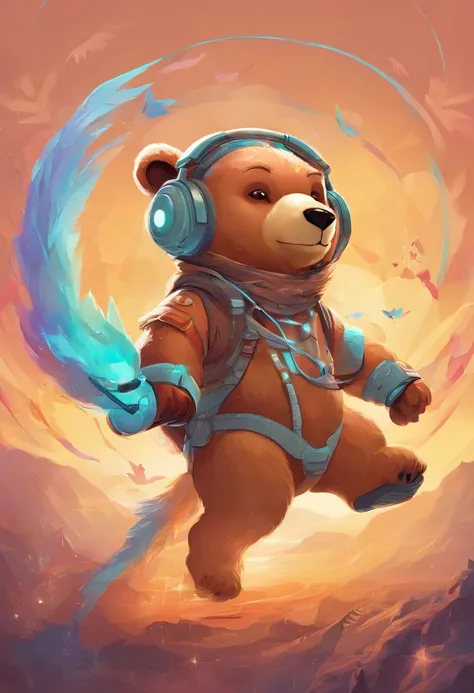 (masterpiece:1.2, best quality), Cartoon bear with headphones and microphone, Teddy Astronaut, Anthropomorphic cyberpunk bear cub, concept art, stylized concept art, Teddy, plain background, Lines and contours of fire, mascot illustration, character sheet,...