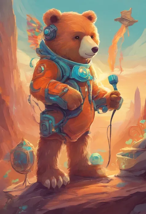 (masterpiece:1.2, best quality), Cartoon bear with headphones and microphone, Teddy Astronaut, Anthropomorphic cyberpunk bear cub, concept art, stylized concept art, Teddy, plain background, Lines and contours of fire, mascot illustration, character sheet,...