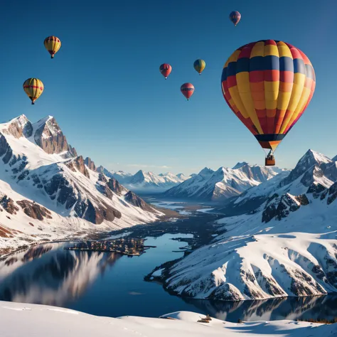 Hot Air Balloon, Nature, snowy mountains, lakes, (Best Quality), (Ultra high Detailes)