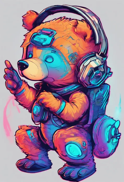 Cartoon bear with headphones and microphone, Teddy Astronaut, Anthropomorphic cyberpunk bear cub, concept art, stylized concept art, Teddy, plain background, Lines and contours of fire, mascot illustration, character sheet, character design