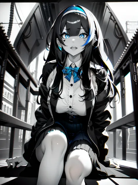 full body Esbian、Full body、White background, grayscales ,(linear art:1.2), bowtie, black hairband, Black skirt, femme, Collared shirt  ,(Blue eyes:1.2),  sketch, monochromes, BLUE AND BLACK ,Cross-eyed、Stranger、View other people、Ahegao , Silly,Sexual ecsta...