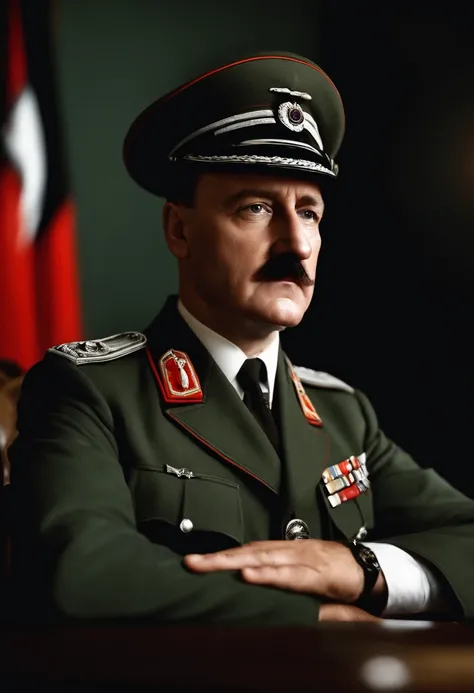 Rostro de hitler mirando la camara, vestido con uniforme militar, de fondo habitacion oscura