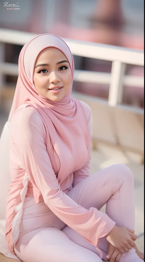 mira filzah sexy seducing pose, sunrise beach, morning, (mira filzah:1.3), wearing hijab, pastel color hijab, pink pastel gym outfit, small tits, small breast, flat chest, wide waist, thick thighs, bright lighting, camel toe,