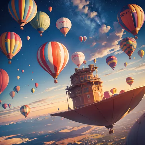 finest image, hot air balloon made of deformed comical characters, viewing the ground from the space