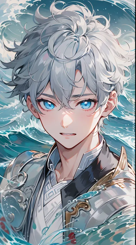 tmasterpiece，Need，超高分辨率，shoun，Chinese ancient style，(Short silver-gray hair)，blue color eyes，Libido boy,adolable，Water god，The corals，Clouds，wave，Kamimei，Armour，Step on the waves