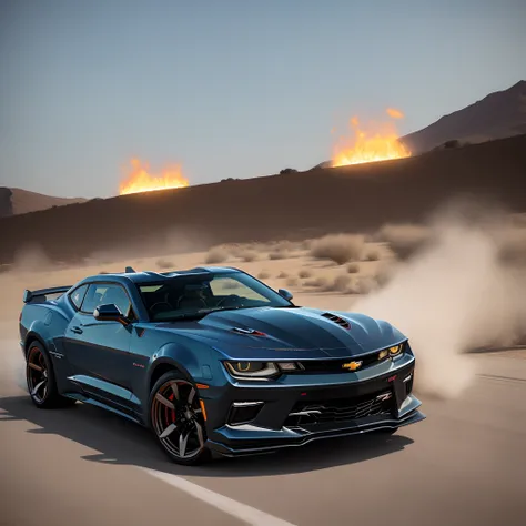 2015 black chevrolet Camaro jumping through a ring of fire