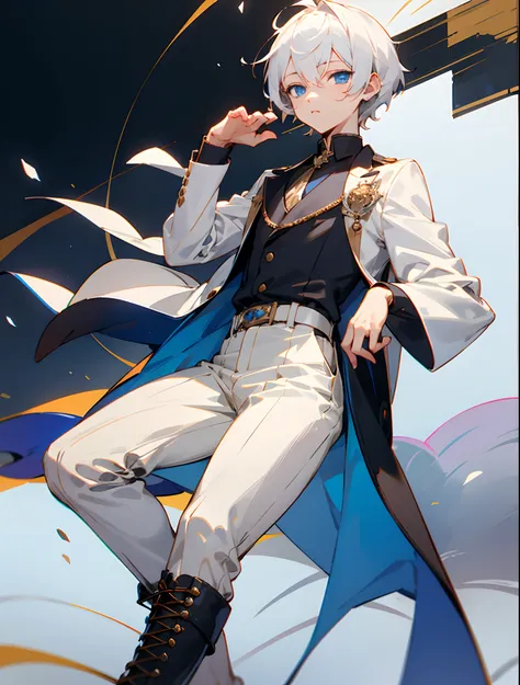 1boy, white hair, dressed fancy, shota, blue eyes, heeled boots, royal jewelry, short hair