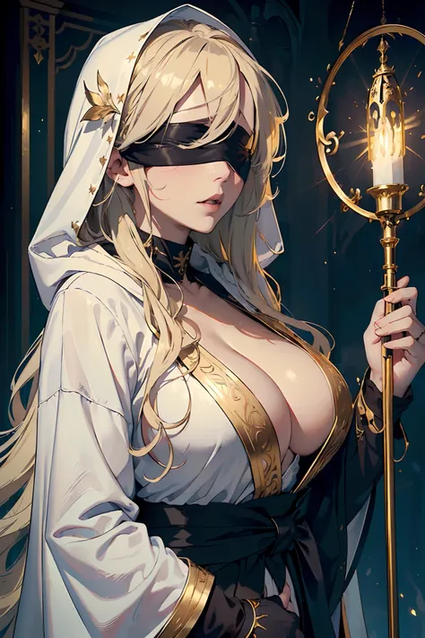 (masterpiece, top quality, best quality, official art, beautiful and aesthetic:1.2), 1girl, long light blonde hair, messy hair, (wearing black blindfold:1.3), large breasts, cleavage, (white revealing robe, gold trim), (white hood:1.2), extreme detailed, c...