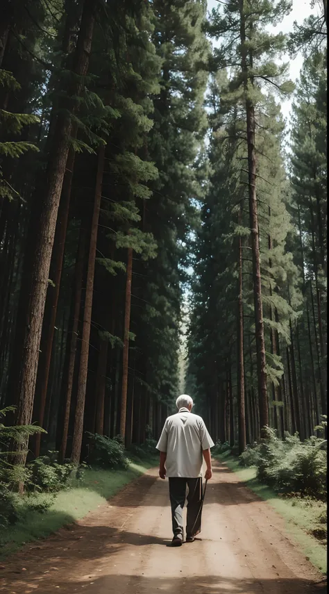 Old man walking towards the forest