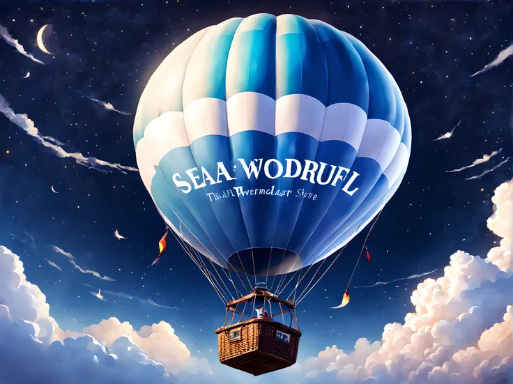 realistic big hot air ballon in the starry sky, the hot air ballon color is white with blue text that say "SEAART", wonderful scenery from above