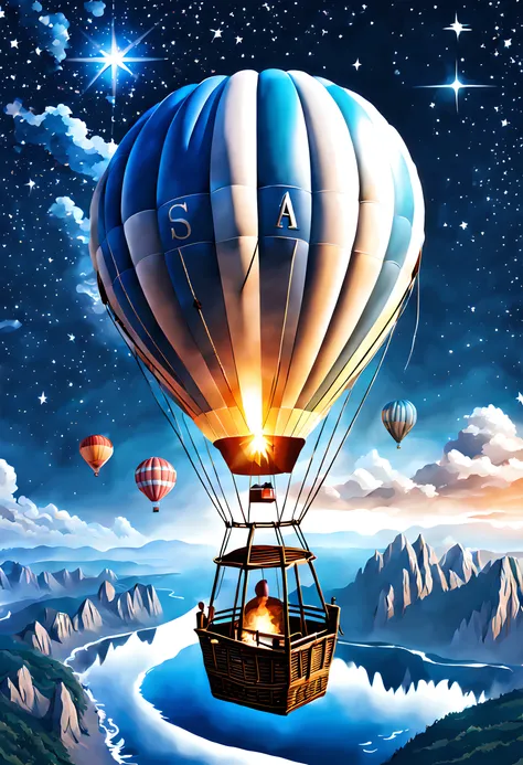 realistic big hot air ballon in the starry sky, the hot air ballon color is white with blue text that say "SEAART", wonderful scenery from above