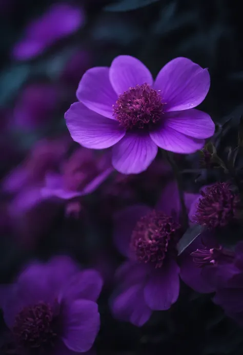 Very many purple flowers glow in the dark，Darkness is the majority，The flowers have fewer middles，More for four weeks