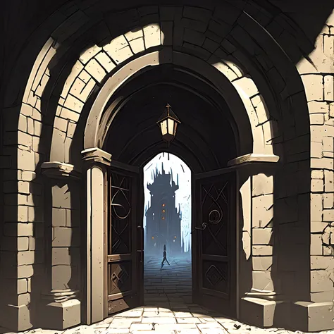 There is a dark corridor with brick walls and doors, magic portal to another world, magic doorway, Stylized urban fantasy art, gateway to another dimension, Entrance to the ancient dungeon, an ominous fantasy illustration, in a dungeon background, portal t...