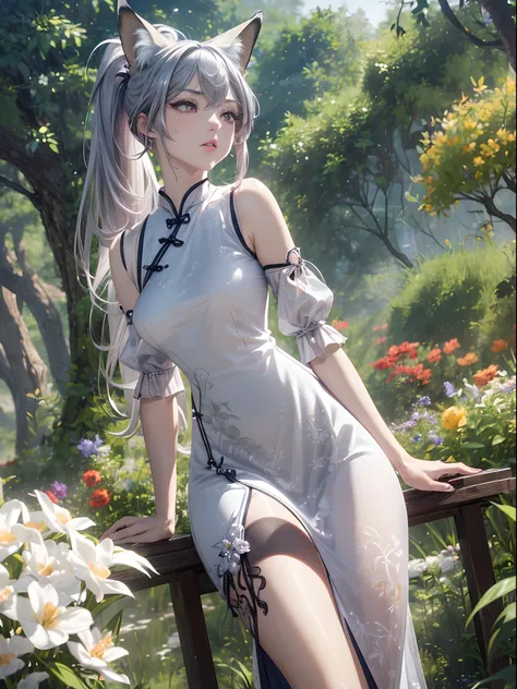 absurderes,(​masterpiece、top-quality、8K ),intricate detailes,ultra-detailliert、1 beautiful pale woman,(silber hair:1.2),((fox ear:1.3)),Long ponytail,Mega Ponytail,(qipao dress:1.3),thighs thighs thighs thighs、long eyelashes,(Beautiful and detailed eyes),G...