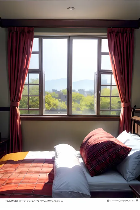 bed,pillow,windows, center view