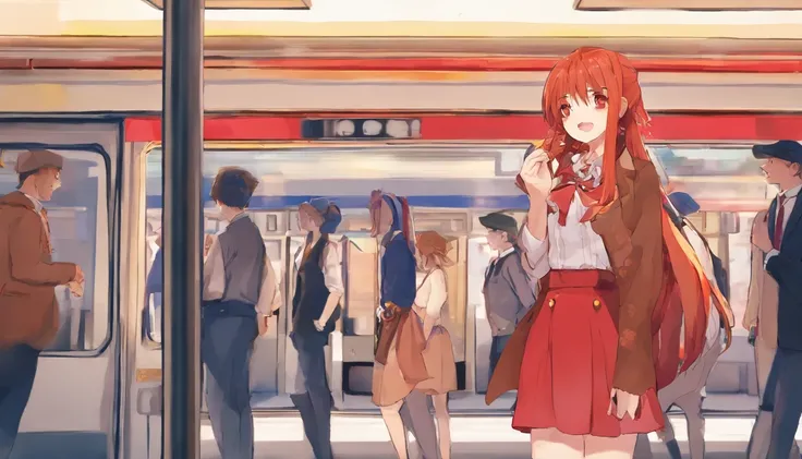 1girl in, Solo, Red hair, Red Eyes, Twin-tailed, employee uniform, pencil skirts, Skull Print, Navy Cap, Orange sky,, Outdoors, train station, Stand in front of the bus,,