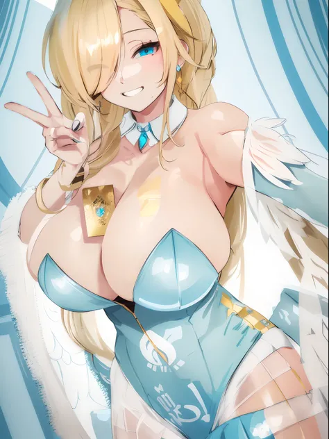 ((Best quality, 8K, Masterpiece: 1.4)),((Amazing detail: 1.3)),((illustration,big breasts,: 1.2)),((high resolution: 1.1)),(Blue Archive),1girl,ichinose asuna,halo on the head,sexy Maid attire,Long bangs,((gold long hair)),evil smile,blush, half-closed eye...