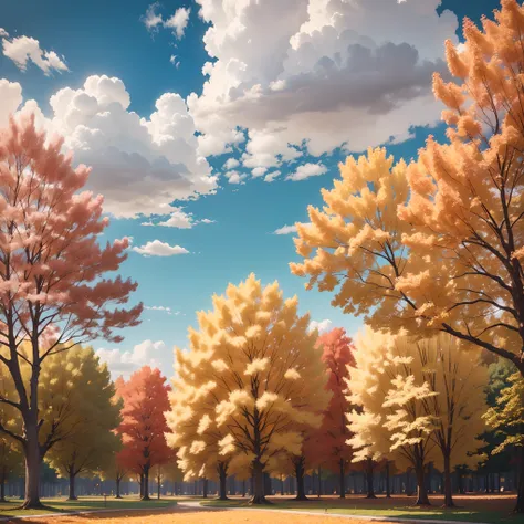 Autumn park,bule sky, candy cotton clouds, Golden trees,Fallen leaves,photograph, film, bokeh, professional, 4k, highly detailed, horizontal version --auto --s2