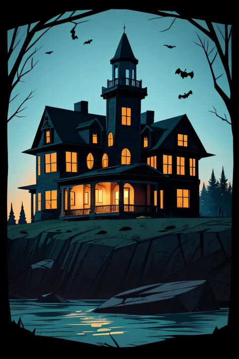 an illustration of a creepy spooky old mansion in Maine on the edge of a cliff in the style of a 1960s cartoon show