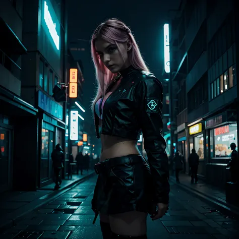 Typ steht auf einem dach in einer cyberpunk city in der nacht mit neon lichtern