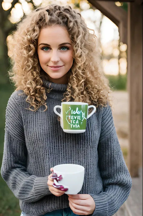 Photo, teanage girl with blonde curly hair, brown eyes, wearing a sweater and jeans, wearing a "i love tea" pin on her sweater