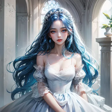 a women, blue hair, blue eyes, white dress