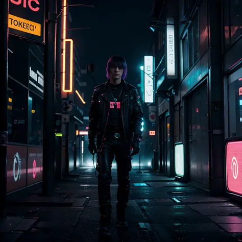 Typ steht auf einem dach in einer cyberpunk city in der nacht mit neon lichtern