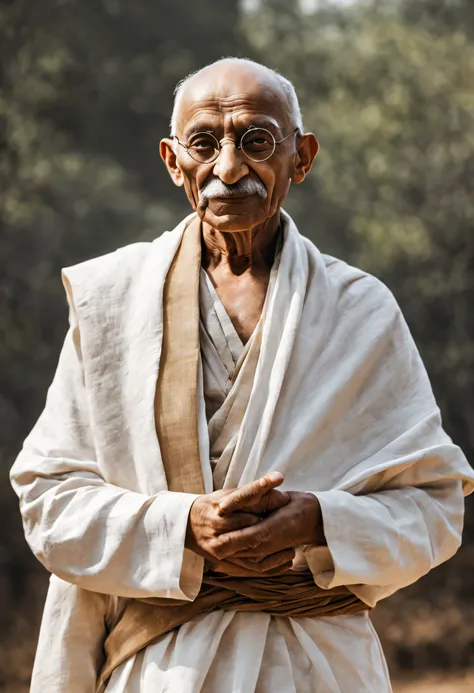 A peaceful leader, Mahatma Gandhi, transforms into a fierce warrior, his eyes blazing with determination as he leads his people to victory.