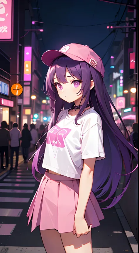 masterpiece, best quality, 1girl, purple hair, pink eyes, long hair, (small breasts), standing on the street, (T-shirt collar), underwear straps, pink skirt, front view, in standing, city night, neon light, Tokyo street background, taxi, dating, shy, headw...