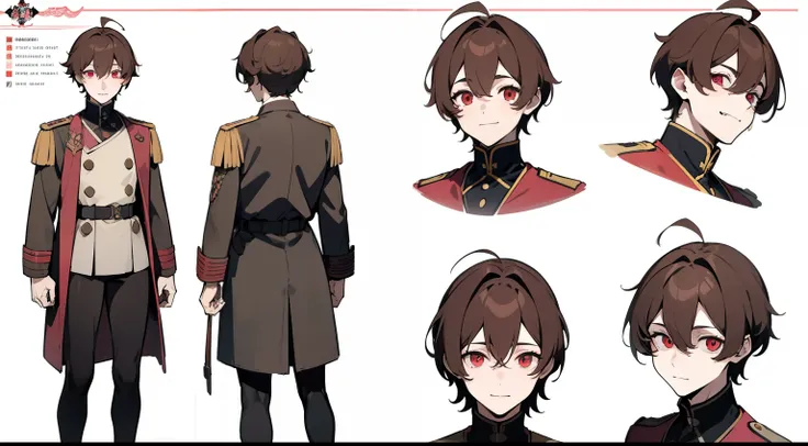 ((Masterpiece, highest quality)), detailed face, character sheet, Full body, 1boy, red eyes, brown hair, ahoge,  hair between eyes, ww2 german uniform, cardigan, smile, yandere, dark, pink theme, pale skin, full of details, multiple poses and expressions, ...