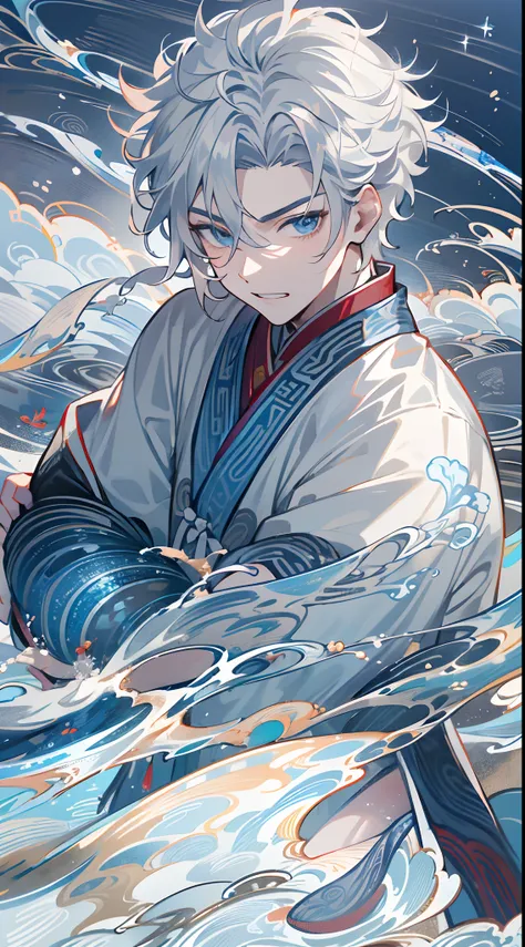 tmasterpiece，Need，超高分辨率，shoun，Chinese ancient style，(Short silver-gray hair)，blue color eyes，Handsome boy,Water god，The corals，Clouds，wave，Kamimei，Armour，Step on the waves