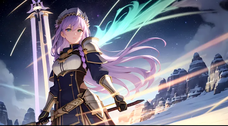 Athena with plain long light purple hair,hair between eyes,green eyes,rosy cheeks,full lips,thin eyebrows,slender body,wearing knight armor and full long skirt,cute anime girl,full body,desert night sky nebulae in background,anime style,Lumen Reflections,S...