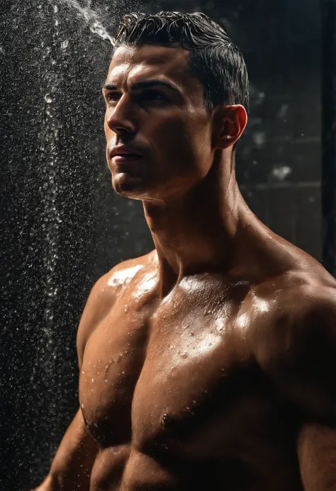 Cristiano Ronaldo, naked in the shower washing, head falling backwards, water falling on his face, muscolar, penis, tunned, hairy chest, hyper realistic, high detail, high quality