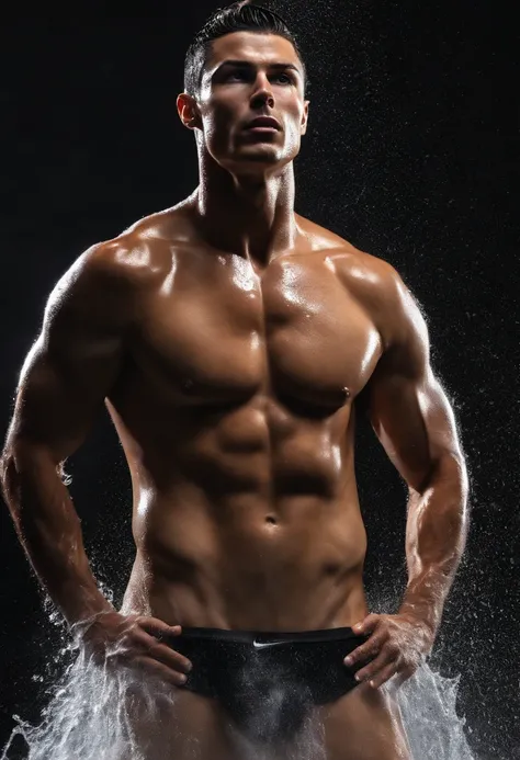 Cristiano Ronaldo, naked in the shower washing, head falling backwards, water falling on his face, muscolar, penis, tunned, hairy chest, hyper realistic, high detail, high quality