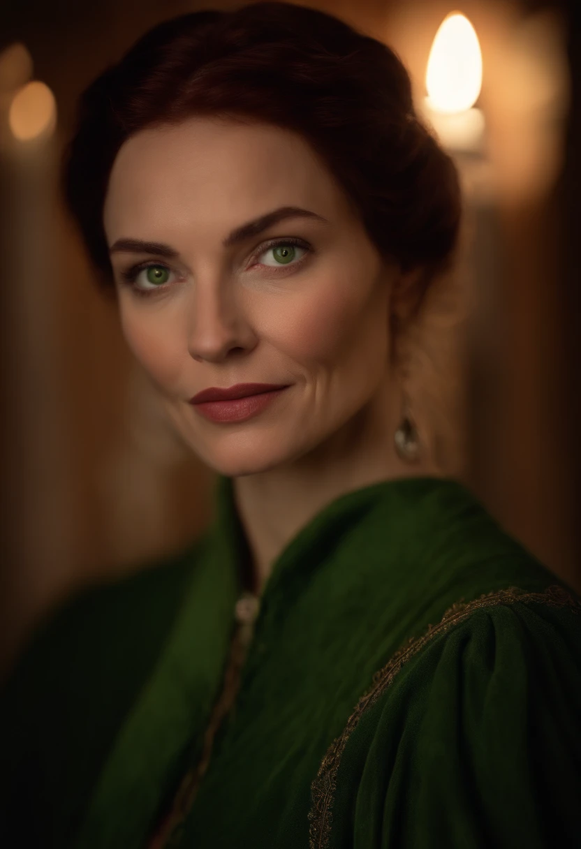 (((A deep reddish scar runs across her left cheek))) light skinned,Women around 59 years old, Natural gray hair, Distinctive green eyes, Wearing Cole, slender and graceful,, Beautiful, Candlelight in medieval atmosphere, Ultra Sharp Focus, realistic shot, ...