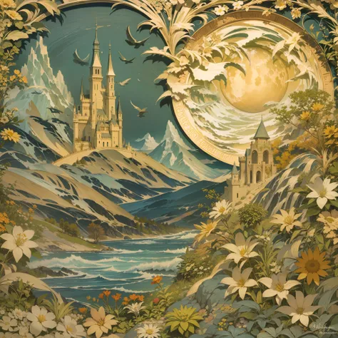 [Golden Moon:5] florals，mountain peaks，the sea，Castle by the sea，Works by Alphonse Mucha，   ( Paper art sewing art style:1.1)，