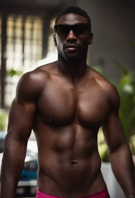 naked man, hunk, armpit hair, muscle, penis, black skin tone, no underwear, glasses