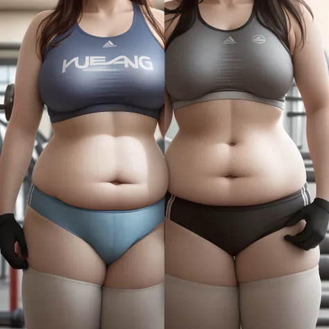 Photomontage: Create an image divided in half, showing the before and after. On the left side, show the obese person at the gym, and on the right side, show the same person now healthy and strong, representing the journey of overcoming