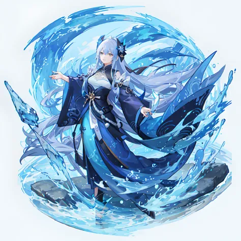 Anime character with sword and blue dress in water, Rainha do Mar Mu Yanling, arte detalhada Onmyoji, mago de gelo, Feiticeira do Gelo, Xianxia de corpo inteiro, Onmyoji, Heise Jinyao, Keqing por Genshin Impact, asian female water elemental, Rainha do gelo...