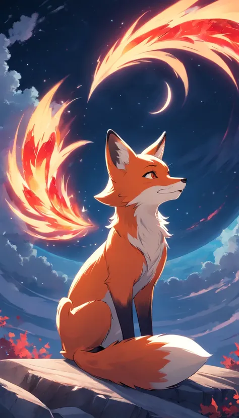 best quality, 8k, a red fox with red flames on parts of its body lying on a moon, clouds scene, red moon, nine tails fox